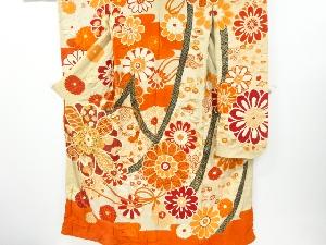 アンティーク　錦紗菊模様刺繍五つ紋花嫁衣装振袖(比翼付き)